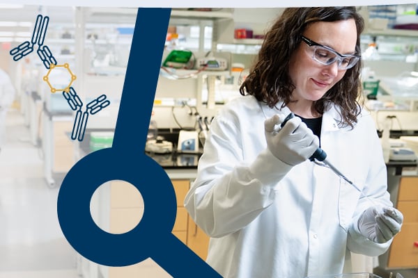 Image of scientists in the lab with antibody pair icon overlaid. 