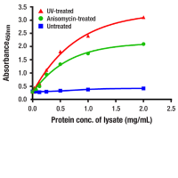 Data using Phospho-p38 MAPK (Thr180/Tyr182) Matched Antibody Pair #34865 are shown. The two antibodies function as a capture-target-detection sandwich (#24678 and #54470, respectively) to detect endogenous protein expression in positive and negative controls.